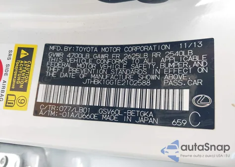 2014 Lexus Es 350 z USA, uszkodzony, nr VIN JTHBK1GG1E2102588